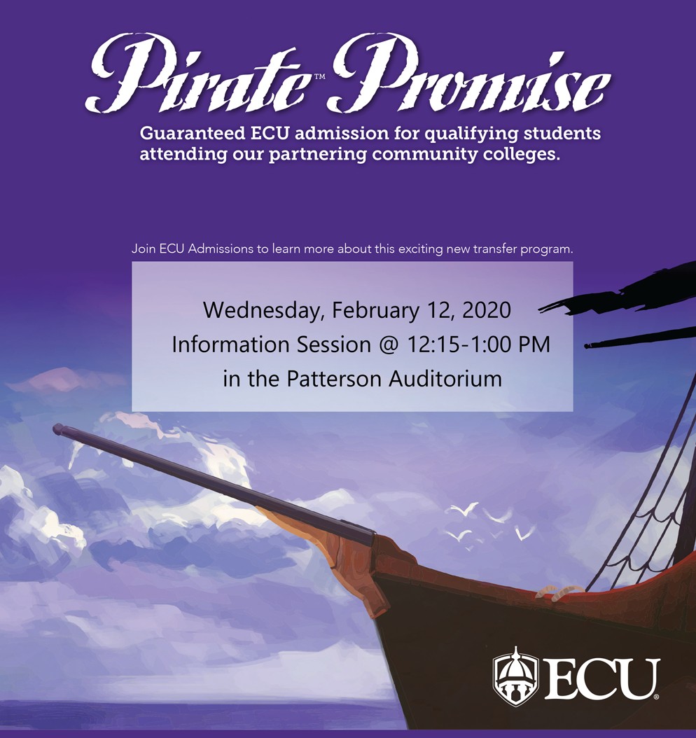 AlamanceCC's tweet image. Wednesday 2/12 join us in the auditorium for a quick information session about ACC's path for guaranteed admission to East Carolina University ! #PiratePromise #AssociateToBachelor