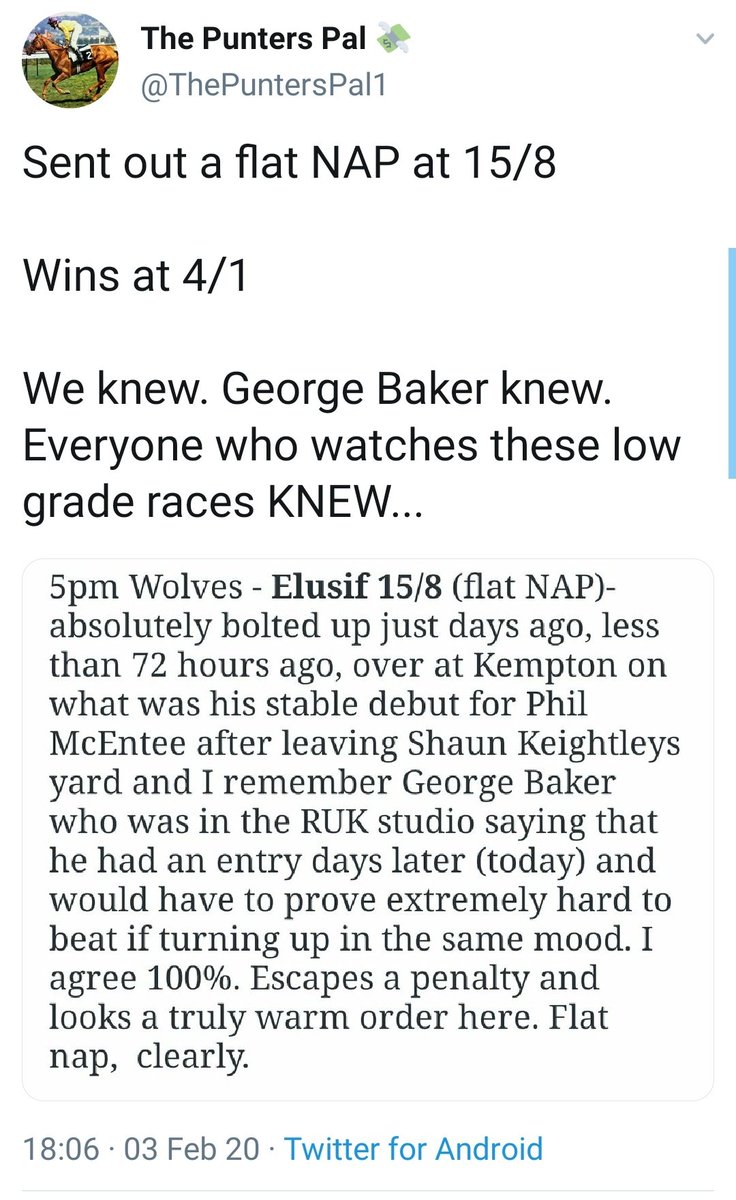 ThePuntersPal1's tweet photo. ELUSIF wins @kemptonparkrace and gets the AW hattrick - all in 7 days, all across 3 different tracks and all for new trainer @philmcentee1 a revelation with these types πππ
Annie Mc & Elusif - two bankers in two codes - easy! πππ₯
OI OI @ThePuntersPal1 !!!! https://t.co/7totu8Q51P
