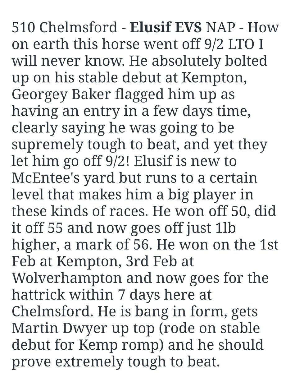 ThePuntersPal1's tweet photo. ELUSIF wins @kemptonparkrace and gets the AW hattrick - all in 7 days, all across 3 different tracks and all for new trainer @philmcentee1 a revelation with these types πππ
Annie Mc & Elusif - two bankers in two codes - easy! πππ₯
OI OI @ThePuntersPal1 !!!! https://t.co/7totu8Q51P
