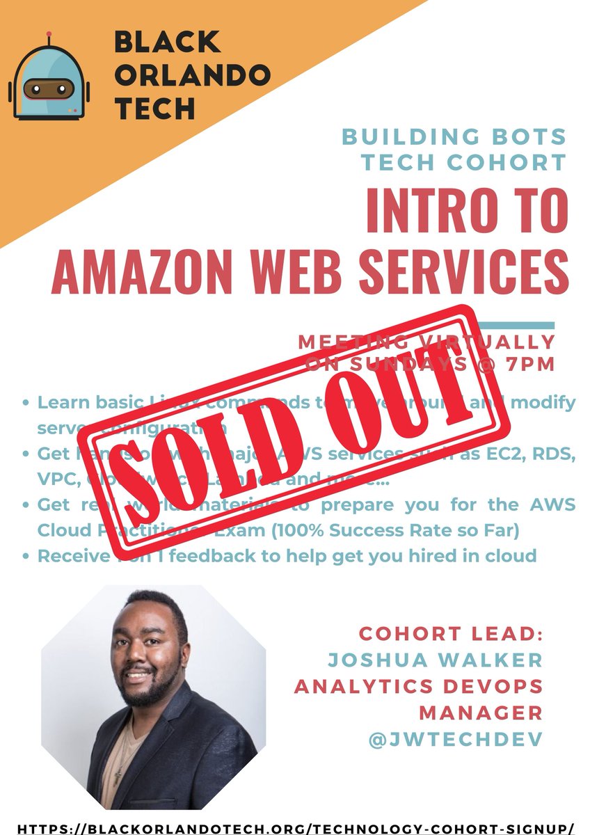 blackorlandotch's tweet photo. Our Intro to #AWS Cohort is officially SOLD OUT!  Please look out for the next session.  Registration opens in April.

Sessions are limited to 10 participants each.

SIgn up today! https://t.co/B4eMKk6YMj

#BlackOrlandoTech #ThisisOrlando #DiversityinTech #TechPays https://t.co/9Aget5NVtf