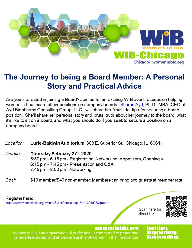 CHIWomenInBio's tweet photo. U may have know about @WomenInBio notorious #BoardroomReady program! Feb 27th is going to showcase a personal journey from one the amazing #SharonAyd PHD, MBA, CEO of Ayd Biopharma Consulting Group #womenonboards #WIBLeaders #Boardtrainingabut  Register! https://t.co/qnqwPDLGqH https://t.co/adRR5V1tqL