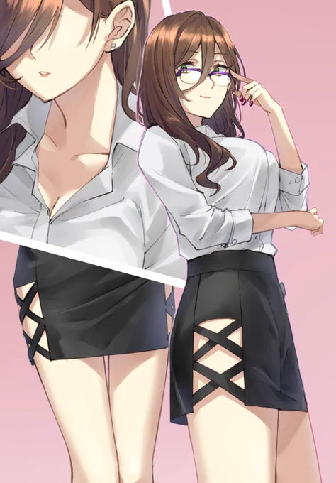 OL風謎スリットスーツ眼鏡巨乳お姉さん 