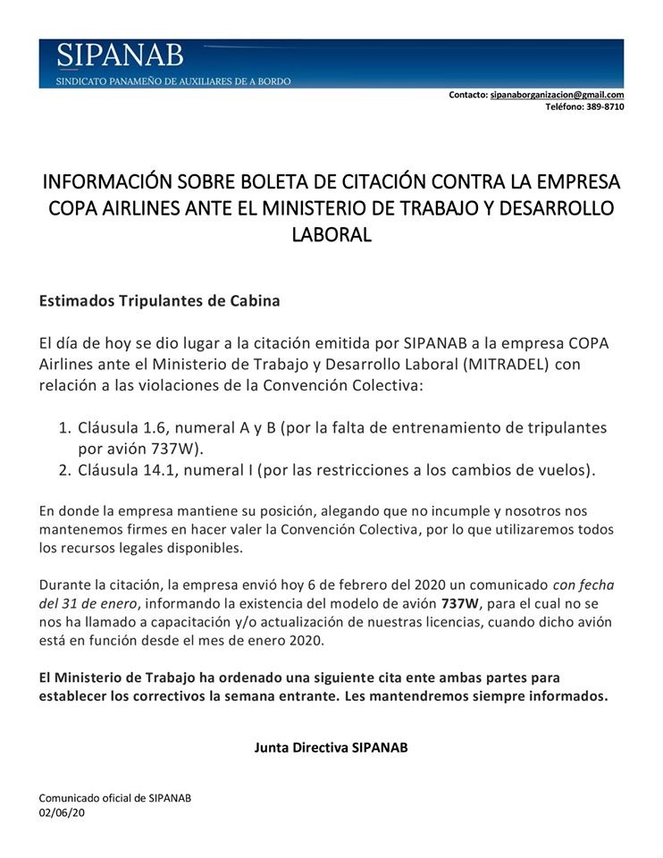ITF_Americas's tweet photo. #Panama Sindicato #SIPANAB ha presentado boleta de citación contra la empresa #CopaAirlines ante el Ministerio de Trabajo por incumplimiento de convenio colectivo.Desde #ITF acompañamos iniciativa de afiliado esperando resolución entre las partes a través del #diálogo. #SomosITF https://t.co/XvLlyYXGNb