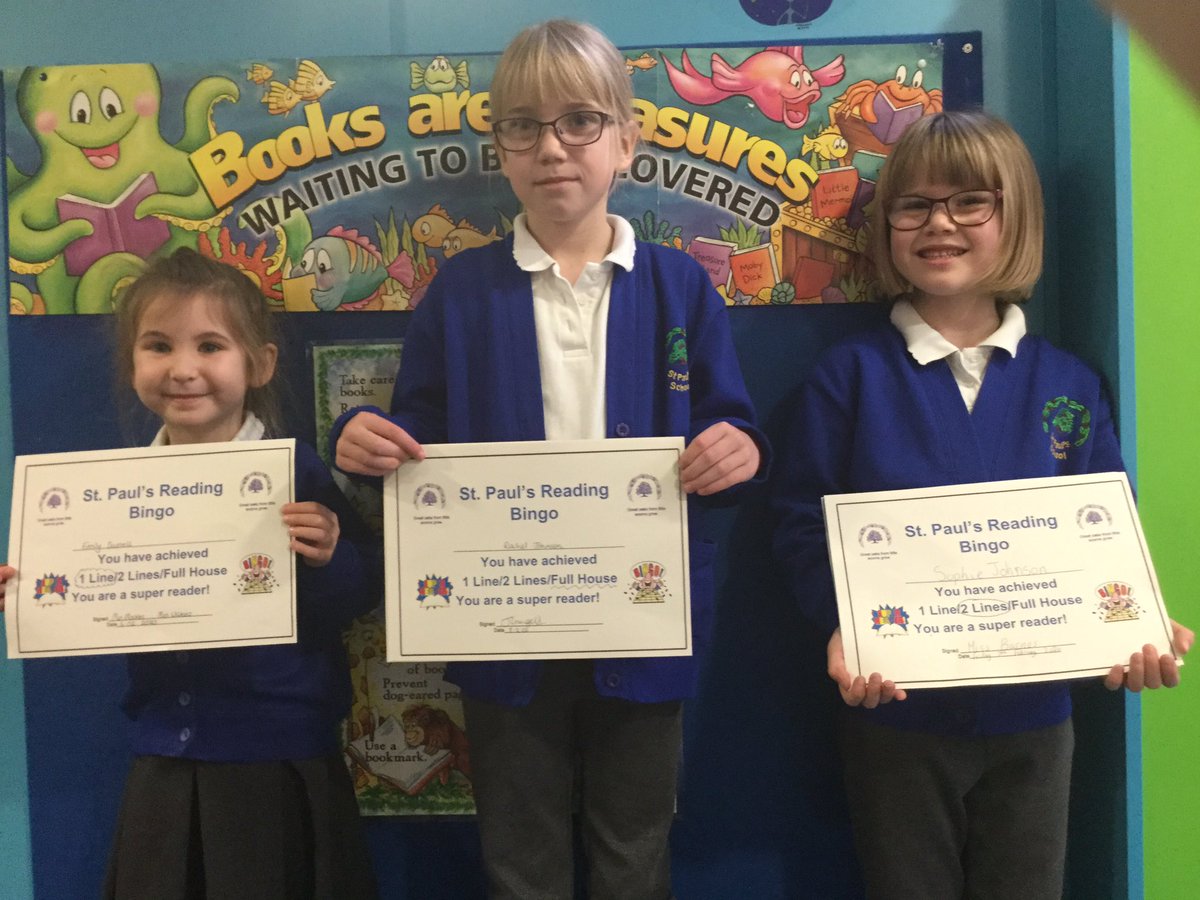 StPaulsPriChip's tweet photo. Well done to our first #Readingbingo certificate winners. All 3 received their certificates in #goodworkassembly today for completing 1 line-Emily #JohnColes class, 2 lines-Sophie #Wren class and a full house from Rachel #Brunel class. #BINGO #readngrocks #welovetoread https://t.co/wynL1S5pRr