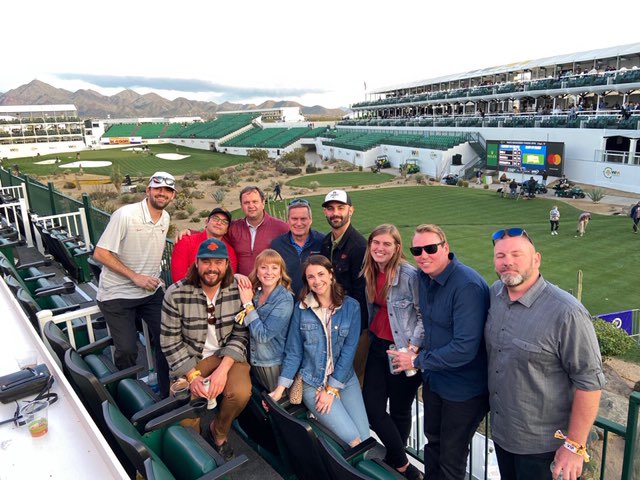 InProEvents's tweet image. Just some of our team celebrating another successful year building the Coliseum at the 16th Hole and so much more, at the @WMPhoenixOpen! 

@tpcscottsdale 
@PGATOUR 
@WasteManagement 

#PGATour #greenestshow #RESPECT #WMPO #thepeoplesopen #pgashow2020 #recycleright #FridayFunDay