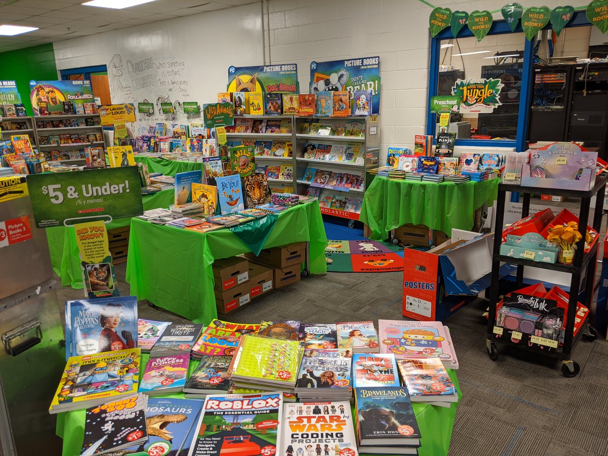 DLMediaCenter's tweet photo. The Scholastic Book Fair is BACK!!!  New books and fluff items that fit our Jungle theme!  Roar!!!  So, come on down to the learning commons @DLMediaCenter @DunleithES where there is sure to be something for everyone on any budget.  #excited #lovetoread https://t.co/x6DfKaCkCM