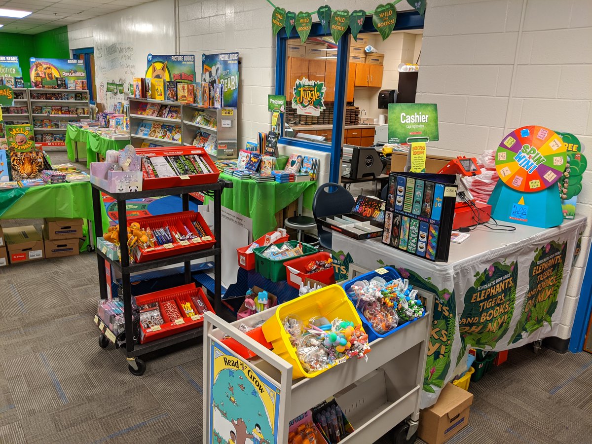 DLMediaCenter's tweet photo. The Scholastic Book Fair is BACK!!!  New books and fluff items that fit our Jungle theme!  Roar!!!  So, come on down to the learning commons @DLMediaCenter @DunleithES where there is sure to be something for everyone on any budget.  #excited #lovetoread https://t.co/x6DfKaCkCM