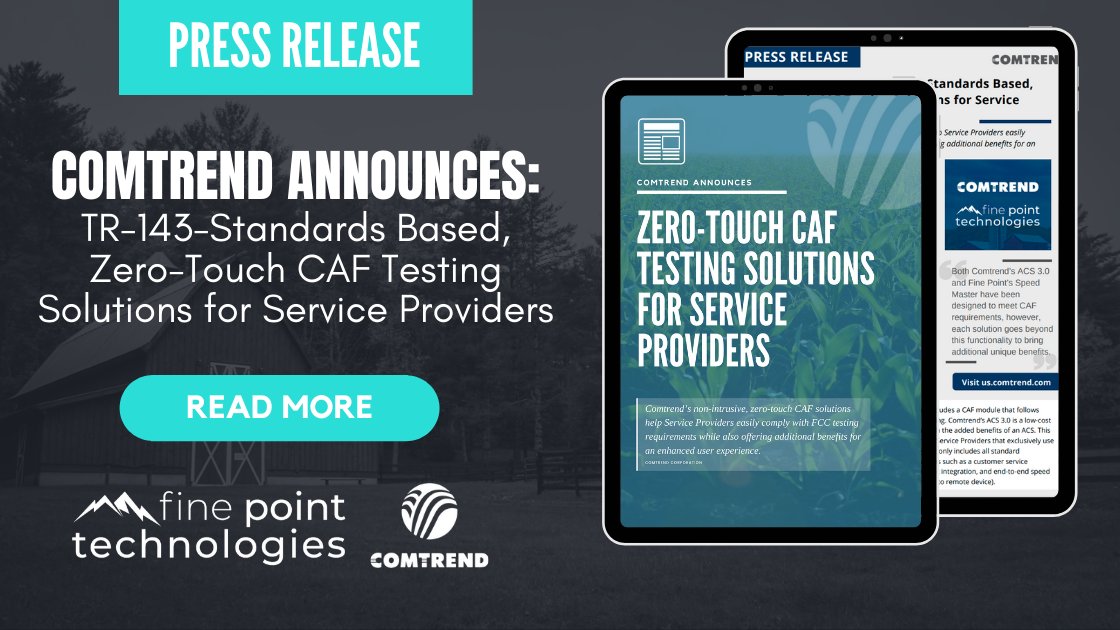 Comtrend's tweet image. Just in: Comtrend Announces TR-143-Standards Based, Zero-Touch CAF Testing Solutions for Service Providers! Read more here: bit.ly/comtrendcafsol… #CAFTesting #serviceproviders