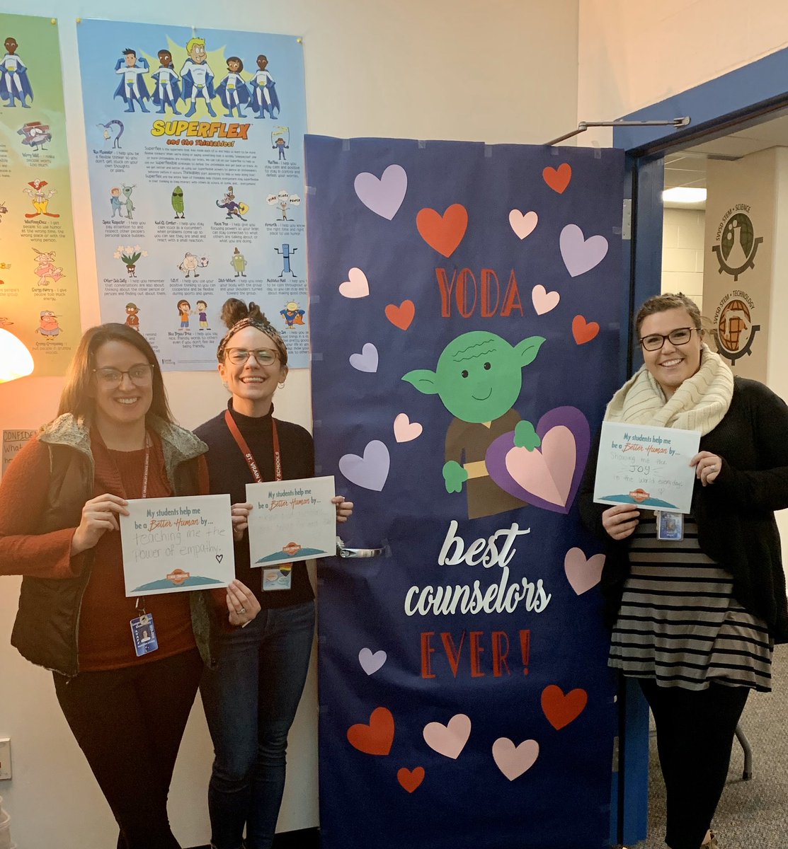 MrsWoodFromWork's tweet photo. Happy National School Counselors week from an awesome team that I’m so thankful for! @KHefflon check out our awesome door decorations from LEE! https://t.co/yhRfnV4iNF