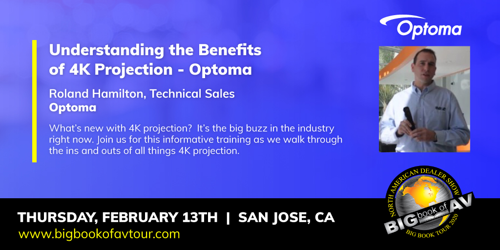 Less than one week to our first Big Book of AV Tour Stop! Make sure to join OptomaUSA as they talk about the benefits of of 4K Projection! 

#AV #4K #Optoma #BBOAV
