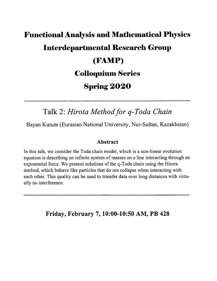 FresnoStPhysics's tweet photo. Want to learn about the Toda chain model and using particles to transfer data? Come to the Colloquium talk to be given by Bayan Kutum today! #FSPhysics #FresnoStateBulldogs https://t.co/IR7hBlVlro