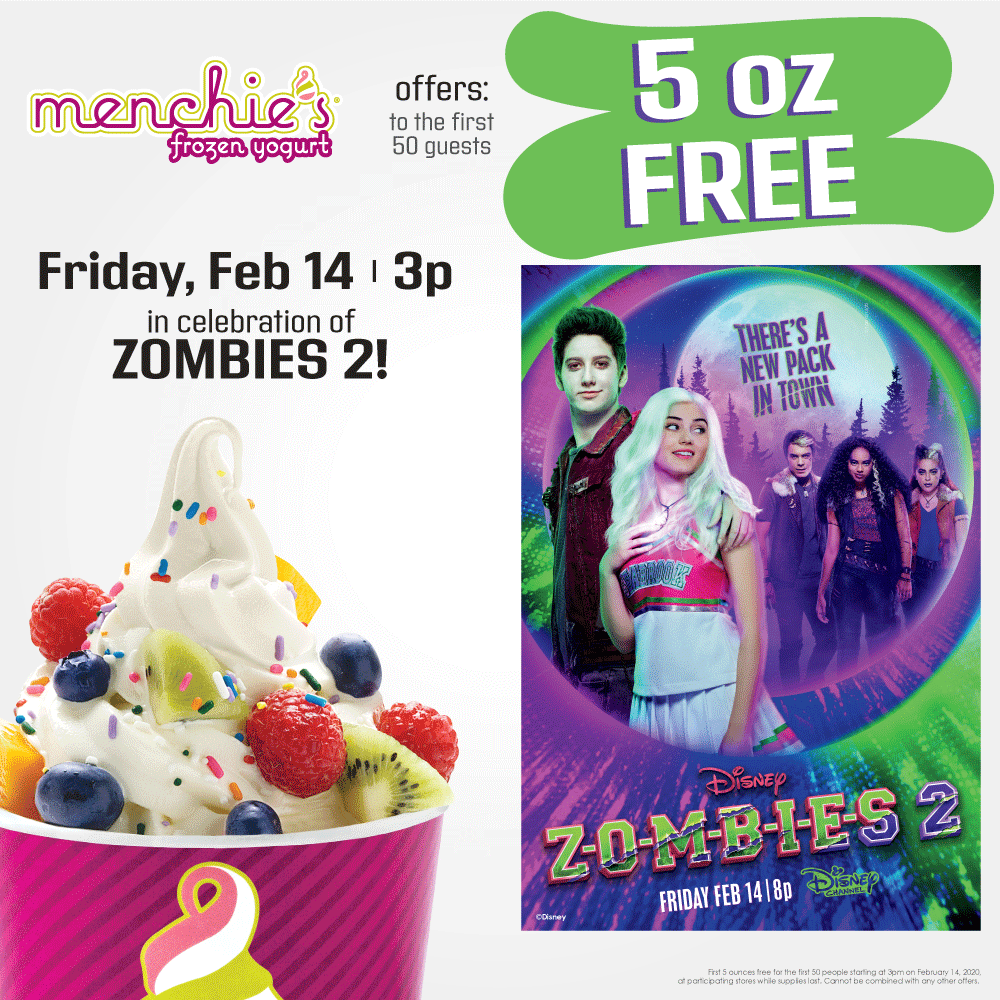 MyMenchies's tweet photo. We’re celebrating Disney Channel’s ZOMBIES 2 premiere with free froyo. Visit any of our US locations on February 14th, and the first 50 guests at 3pm will get their first 5oz. FREE! 🧟🧟‍♀️

#Zombies2 #DisneyChannel #FreeFroyo #MenchiesZombiesEvent #Froyo #ZombieParty #Menchies https://t.co/O8ffMXuI8R