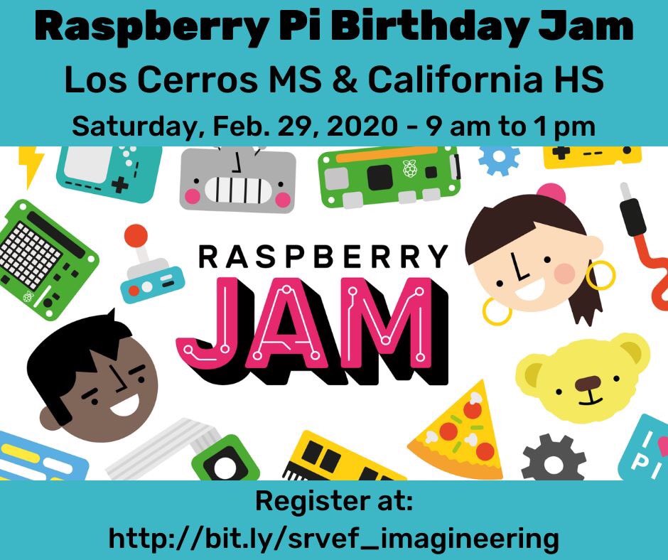 SRVEForg's tweet photo. It's a Birthday Party! 🎉 Celebrate the @Raspberry_Pi 8️⃣th birthday! 🎂We will host Birthday Jams on Sat. Feb.29 at @calhighinfo &amp; @LCMS_Panthers 9am-1pm.
🎟️ https://t.co/87FYnhR24L 
❓Imagineering@srvef.org 
#coding
@sraser88 
@RaeCrandall 
@MrsELopez 
@SRVUSD1 
@SRVCPTA https://t.co/xhM6hfX5eQ