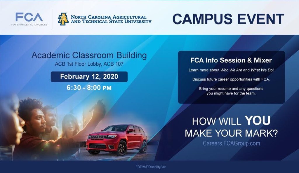 ncat_asme's tweet photo. Save the date! FCA will be hosting a info session &amp; mixer February 12, from 6:30 - 8:00pm in ACB 107!! 💙💛💙#NCAT #ASME #aggiepride https://t.co/176ixlo9pG