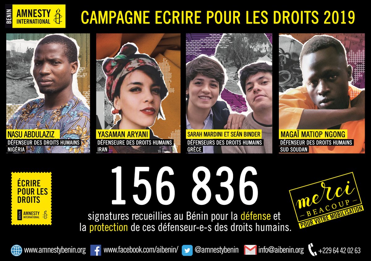 amnestybenin's tweet image. #W4R19 
Notre campagne annuelle de rédaction de lettre a déjà pris fin et c'est l'heure du bilan en terme de signatures récoltées pour sauver des vies.
156.836 signatures ont été recueillies au Bénin pour la défense des droits de ces jeunes défenseur-e-s des droits humains.
Merci