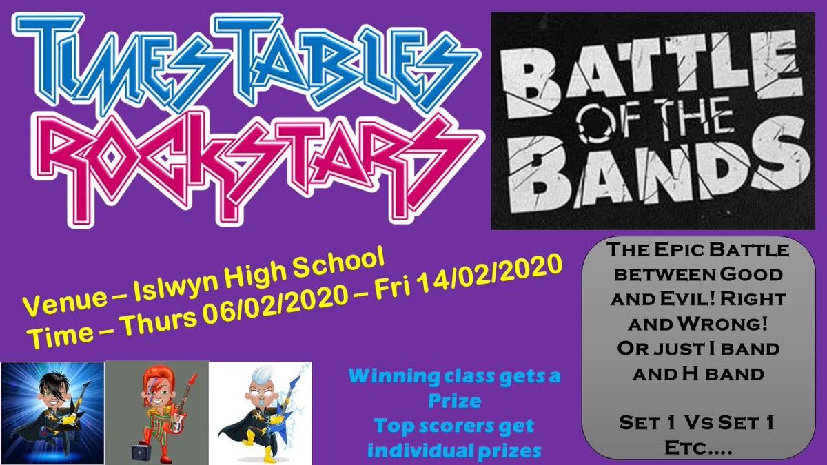 This week years 7 and 8 have a battle of the bands on <a href="/TTRockStars/">Times Tables Rock Stars</a> the big challenge started this week and will finish Friday (Eisteddfod day 🏴󠁧󠁢󠁷󠁬󠁳󠁿)

I band Vs H band in each set

Prizes for winning classes and top scoring individuals! Get involved and improve your tables #Numeracy
