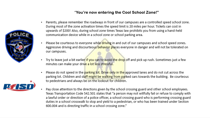 "School Zones are C👀L Zones! Please remember to be courteous and practice safe driving habits while dropping off/picking up your amazing student from our campuses. We want everyone to be safe at all times! #drivepfriendly <a href="/pfisd/">Pflugerville ISD</a> <a href="/PfISDHR/">Pflugerville ISD Human Resource Services</a> @PoliceIsd <a href="/DougKillian/">DougKillianPhD</a> <a href="/DeniseKRN/">DenisePetherbridge</a>