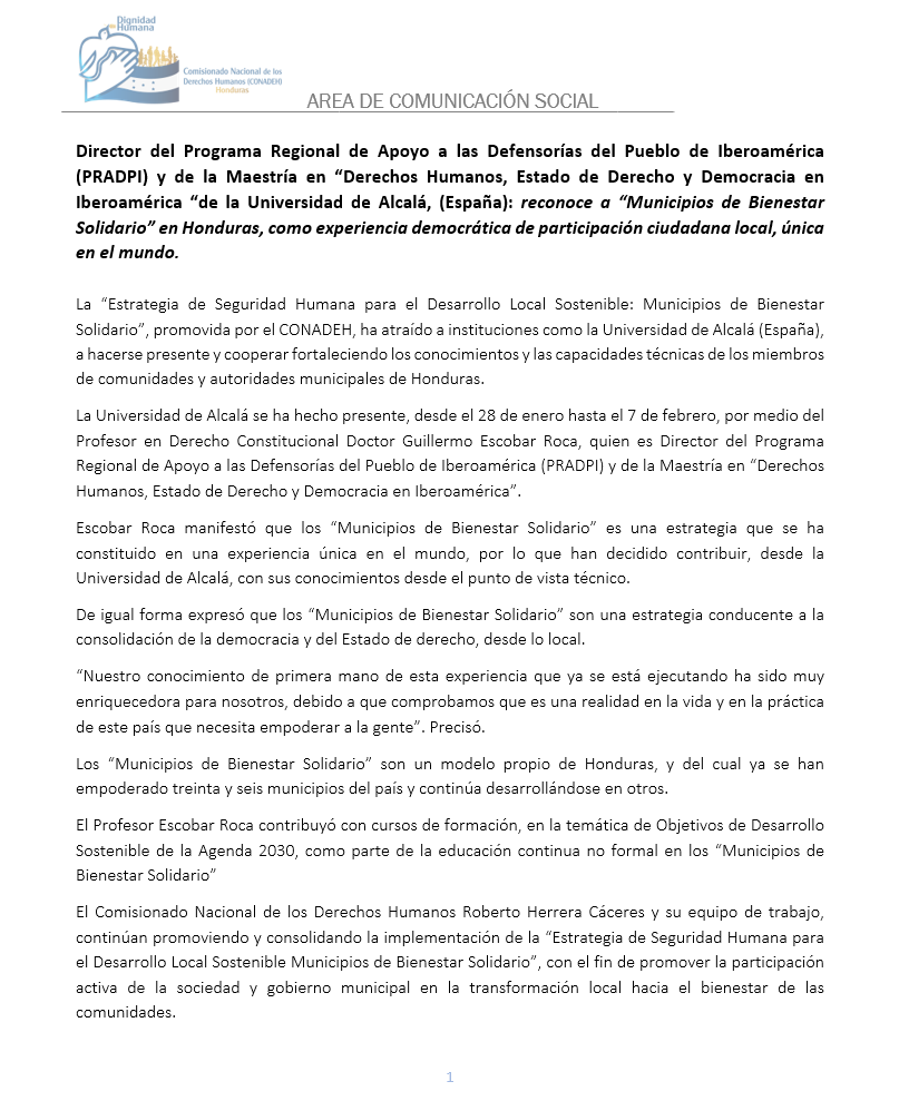 “Municipios de Bienestar Solidario” en Honduras, es reconocido como experiencia democrática única en el mundo.