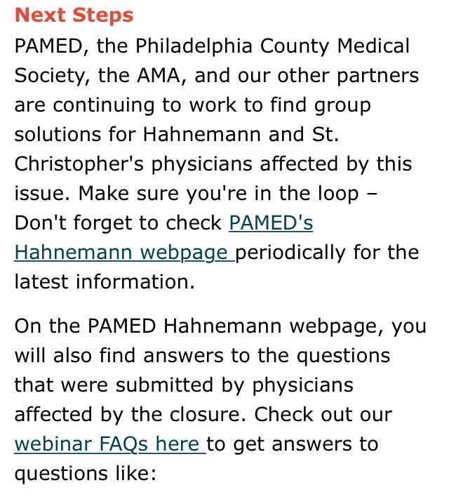 MarilynHeineMD's tweet image. Attention re #Hahnemann: ⁦@PAMEDSociety⁩ has learned that The Philadelphia Academic Risk Group, LLC medical professional liability claims-made policy has been extended until 12:01 a.m. on March 12, 2020. Next steps, more info: pamedsoc.org/list/articles/…
pamedsoc.org/home/pamed-new…