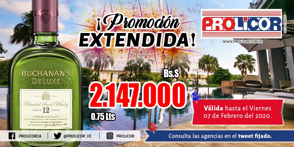 PROLICOR_VE's tweet photo. No dejes de buscar tu Buchanan's DeLuxe 12 años. DISPONIBLE HASTA EL DÍA DE HOY. Consulta las agencias donde aplica en el tweet fijado.
#Prolicor #Siguenos #PromoExtendida #Whisky #Buchanans https://t.co/Lc1iJ8vLs5