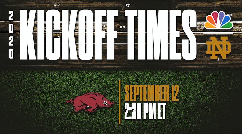 NDFootball's tweet photo. The 2๏ธโฃ0๏ธโฃ2๏ธโฃ0๏ธโฃ home slate begins with a matchup vs. Arkansas.
๐ September 12
โฐ 2:30 p.m. ET
๐บ NBC
#GoIrish #BeatRazorbacks https://t.co/xOLbCrP5GV