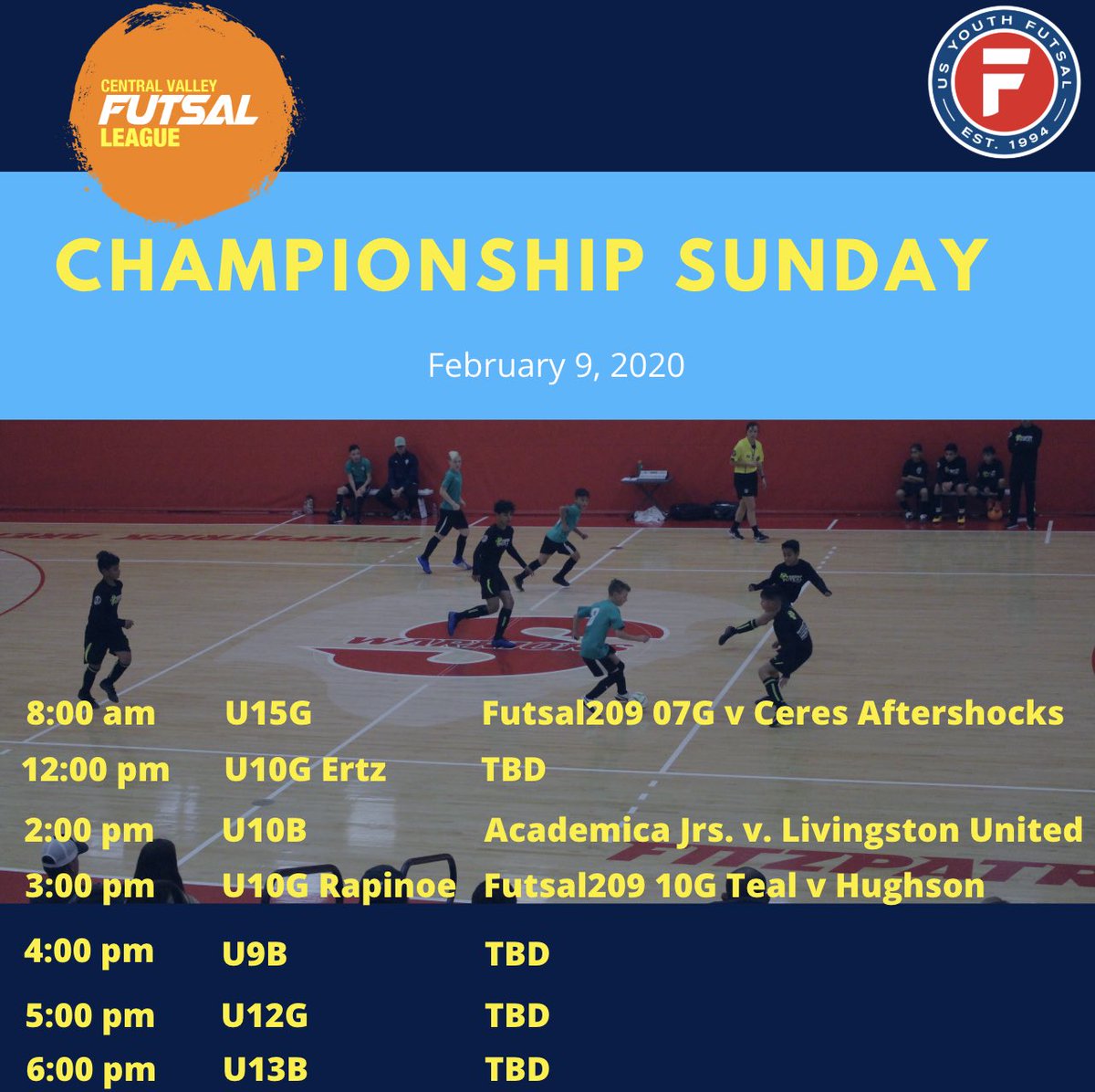 cvfutsal's tweet photo. It’s Championship Sunday!  Who will be crowned Central Valley Futsal League Champion?  @turlockjournal @loud_eddie @modbee @modbeepreps @ModBeeSports https://t.co/SNSwjmZDR5