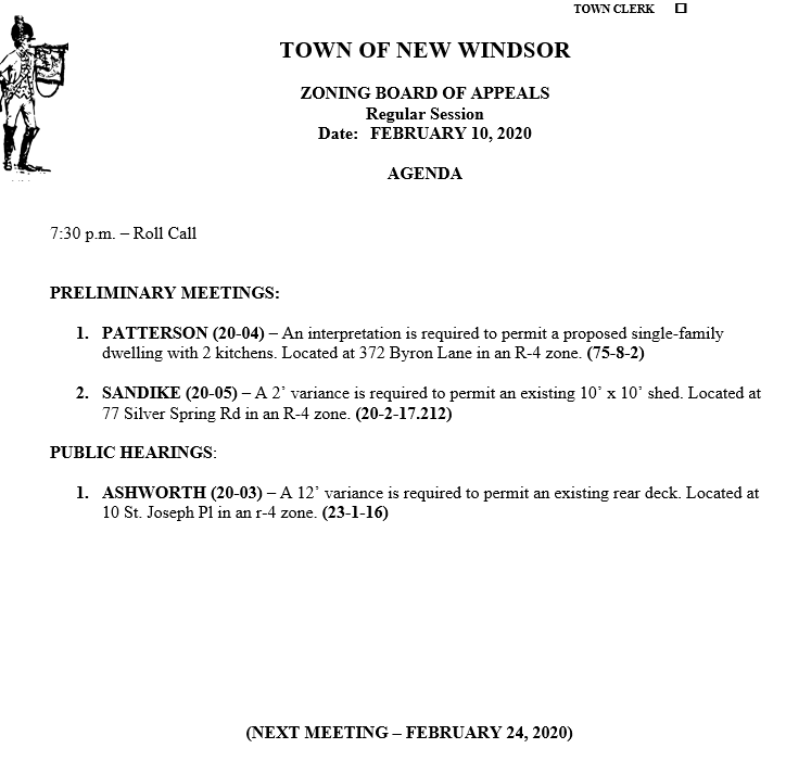 Upcoming Zoning Board of Appeals meeting on Monday, February 10th at 7:30pm.  Agenda is below.