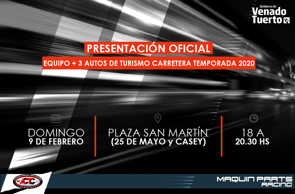 📣 ¡Los invitamos al evento exclusivo coordinado con el <a href="/VenadoTuertoGob/">Gobierno de Venado Tuerto</a>! Vamos a contar con la presencia de los pilotos <a href="/jbdebenedictis/">Juan De Benedictis</a> y <a href="/estebangini/">Esteban Gini</a> quienes juntos al equipo #MaquinPartsRacing estarán presentando los 3 autos de TC <a href="/actcargentina/">Turismo Carretera ACTC</a> para esta temporada 2020 🏁