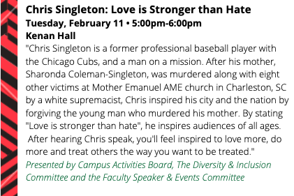 Celebrate #BlackHistoryMonth with WPU! Join us on Tuesday (2/11) to meet former pro baseball player 
<a href="/csingleton__2/">Chris Singleton</a> and hear his inspiring story "Love is Stronger than Hate." 

More Info: bit.ly/2vRQKYi
 #WPeaceU