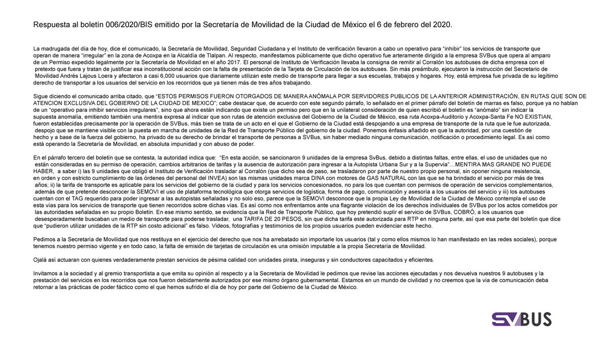SVBusOficial's tweet photo. ESTA ES NUESTRA RESPUESTA A LA DECISIÓN TOMADA POR @LaSEMOVI. #TodosSomosSvbus https://t.co/Hx51qmi7Oy