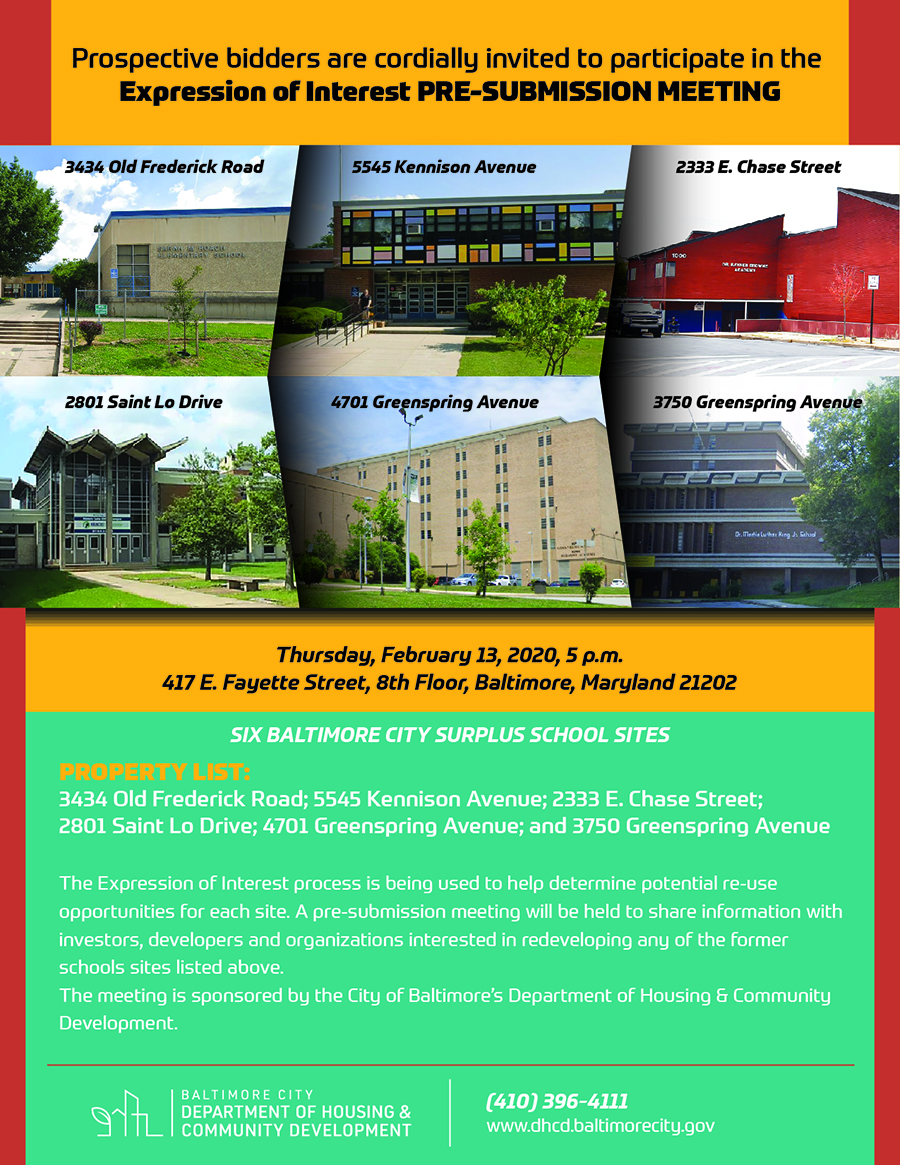 Prospective bidders are cordially invited to participate in our Expression of Interest Pre-Submission Meeting next Thursday night. #BuildingBaltimore #MyBmore #CommunityDevelopment