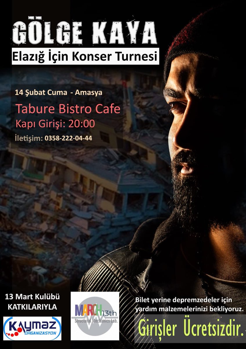 Arkadaşlar  Konserimiz ücretsiz olup bilet satılmıyacaktır bilet yerine Depremzede cocuklar için Elbise , oyuncak ,ayakkabı , battaniye getirmeniz önemle rica olunur .
Haydi Amasya 
<a href="/amasyaauni/">Amasya Üniversitesi</a> <a href="/KampusAmasya/">amasyakampus</a>