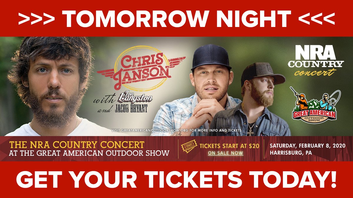 Join us TOMORROW NIGHT for the <a href="/NRACountry/">NRA Country</a> #GAOS2020 country concert with @Janson_Chris, <a href="/JonTLangston/">Jon Langston</a>, and @JacobBryant1! You won’t want to miss this country celebration of freedom! 🇺🇸

Get your ticket here➡️bit.ly/2v9qVTh