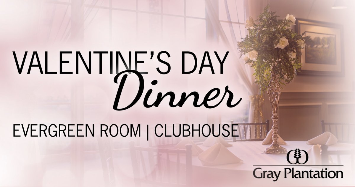 gray_plantation's tweet photo. ❤️NOW BOOKING FOR VALENTINE'S DAY!!
Enjoy an unforgettable meal in the Gray Plantation Clubhouse this Valentine's Day. Cost is $50 per person plus tax. Reservations from 6–8 PM. RSVP by February 12th at 562-1206 ext. 3 or amanda@grayplantation.com.
#grayplantation #valentinesday https://t.co/iNowCTDkqk