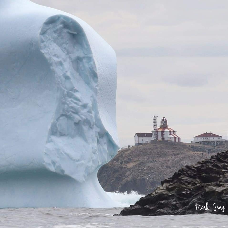 I'm really looking forward to the 2020 Iceberg Season! This is one of my favorite photos I took last season. It's not photoshopped. I just took it from my uncle's boat, lining up the lower part of the indented iceberg with the land. #iceberg #bonavista #newfoundland #nature