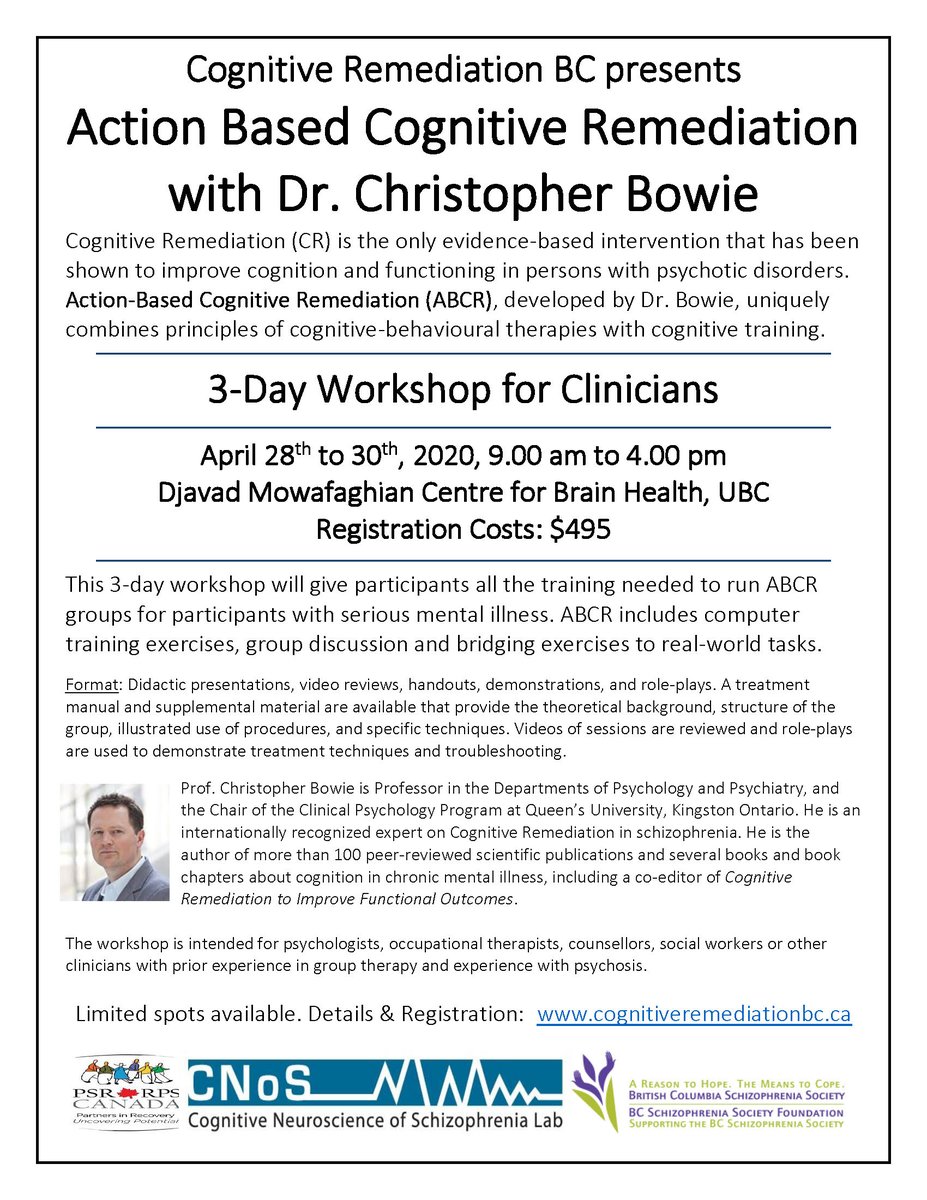 BCSchizophrenia's tweet photo. Excited to have this workshop on #cognitiveremediation for #clinicians coming up this spring. Sign up today! https://t.co/Jw84OGrQwg #workshop #training #hope2cope #treatmentoptions #cognitvedeficits #seriousmentalillness #mentalillness #hthbcp https://t.co/BFbhqHfGiZ
