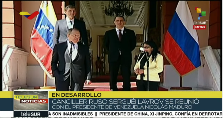 <a href="/NicolasMaduro/">Nicolás Maduro</a> <a href="/DrodriguezVen/">Delcy Rodríguez</a> <a href="/jaarreaza/">Jorge Arreaza M</a> #ENVIVO |  <a href="/DrodriguezVen/">Delcy Rodríguez</a> agradece la presencia del canciller ruso y de las reuniones de alto nivel que se realizaron en el país suramericano, así como los acuerdos que se han renovado con Rusia  👉 bit.ly/teleSUR