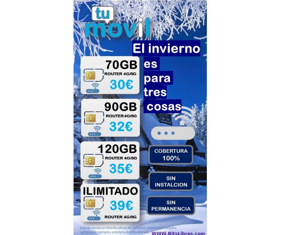 BitsLibres's tweet photo. 🤗📢Si eres de los que “hiberna” en Tu Movil tenemos lo que necesitas. Router 4G/5G, sin instalación, sin permanencia, cobertura 100%, desde 70 GB al mes por  30 €. Más información en BitsLibres.como o en el teléfono 987 19 26 87📢🤗
#bitslibres #tumovil https://t.co/FSNtTHrJ5i
