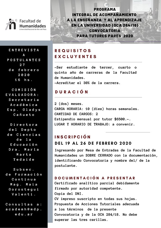 ATENCIÓN: Convocatoria al programa de Tutores Pares de la Facultad de Humanidades. Fechas y requisitos