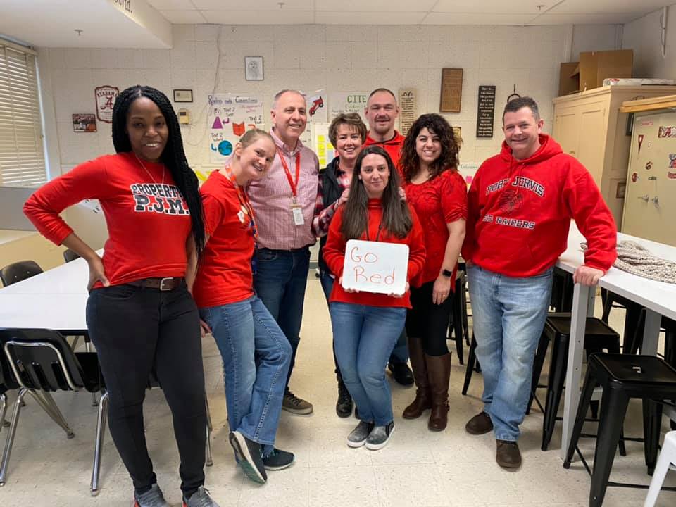 pjschools's tweet photo. District-wide staff wore the color red to demonstrate their support for the American Heart Association’s Go Red for Women movement. The goal of this movement is to help raise awareness and save more lives. Last year the PJSD faculty and staff raised over $500! https://t.co/59j8dw0JX7