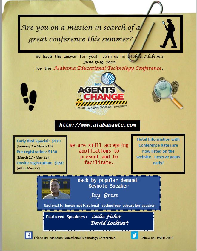 AETC_Alabama's tweet photo. Early bird registration is still open for the Alabama Educational Technology Conference this year in Mobile, AL.  June 17-29, 2020.  Keynote speaker:  Jay Gross   #AETC2020 #ALSDE https://t.co/2aovyiyw4a