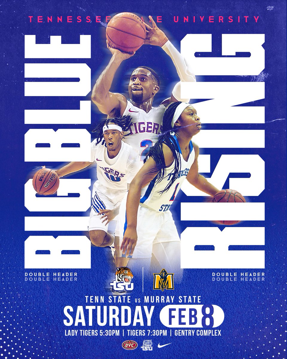 TSU_Tigers's tweet photo. TSU vs Murray State Saturday, Feb.8 in Gentry Center - 5:30/7:30 p.m. #BigBlueRising #PackGentry https://t.co/1Y0ukpkAU9