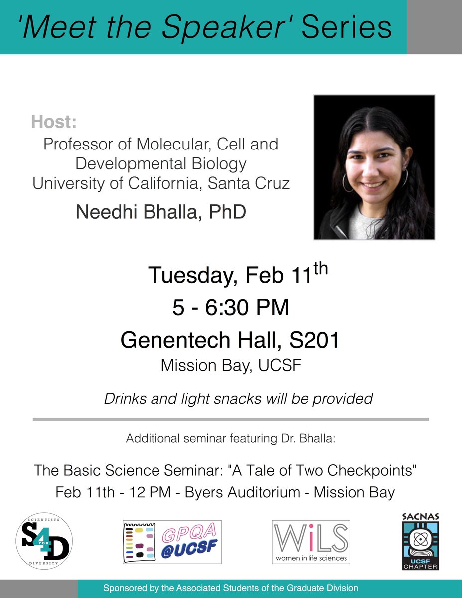 NEXT WEEK: Meet-and-greet with visiting faculty <a href="/NeedhiBhalla/">Needhi Bhalla 💅🏽</a>. Come and get to know a faculty who is passionate about diversity and inclusion in academia Tues. 2/11 starting at 5PM in Mission Bay!