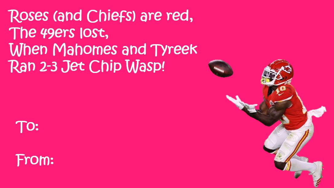 MattfromKC's tweet photo. @Chiefs @Mathieu_Era @TooLoose26 @PatrickMahomes @tkelce @dustincolquitt2 @TheRealFrankC_ The greatest play in NFL history, brought to you by @PatrickMahomes and @cheetah...#ChiefsValentines #JetChipWasp https://t.co/jMGJrvohfh