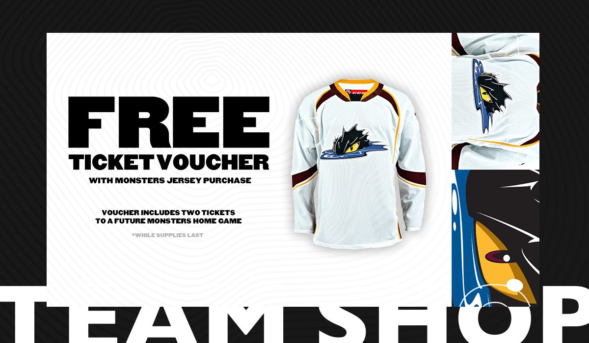 CavsTeamShop's tweet photo. Get tonight's @MonstersHockey #TeamShopHighlight:
Score a Free Ticket Voucher with a Monsters Jersey Purchase tonight only at @RMFieldHouse!
#LightTheLand https://t.co/bgRJmUJD6w