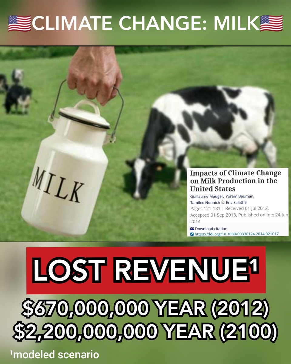 Climate Change is...... Attacking the milk industry! US dairy will lose $2.2 BILLION A YEAR by 2100¹ 😳 ¹modeled scenario only 🙄