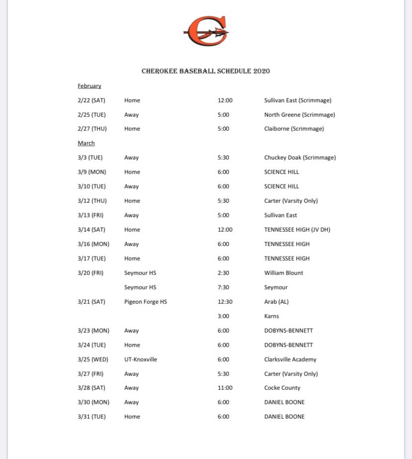 ToddLance54's tweet image. 2020 Cherokee Baseball Schedule