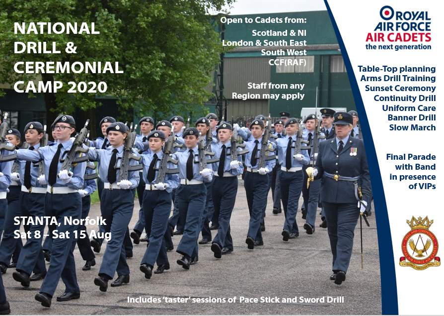 Drill &amp; Ceremonial 2020! 
You like Drill? We've got Drill! 
Large-scale Armed Parade Drill &amp; Band - Continuity Drill - Sunset Ceremony - Slow March trg - table-top parade lessons - Banner Drill - Uniform Care tips... &amp; tasters of Sword &amp; Pace Stick Drill. 
Nominations by 27 Mar.