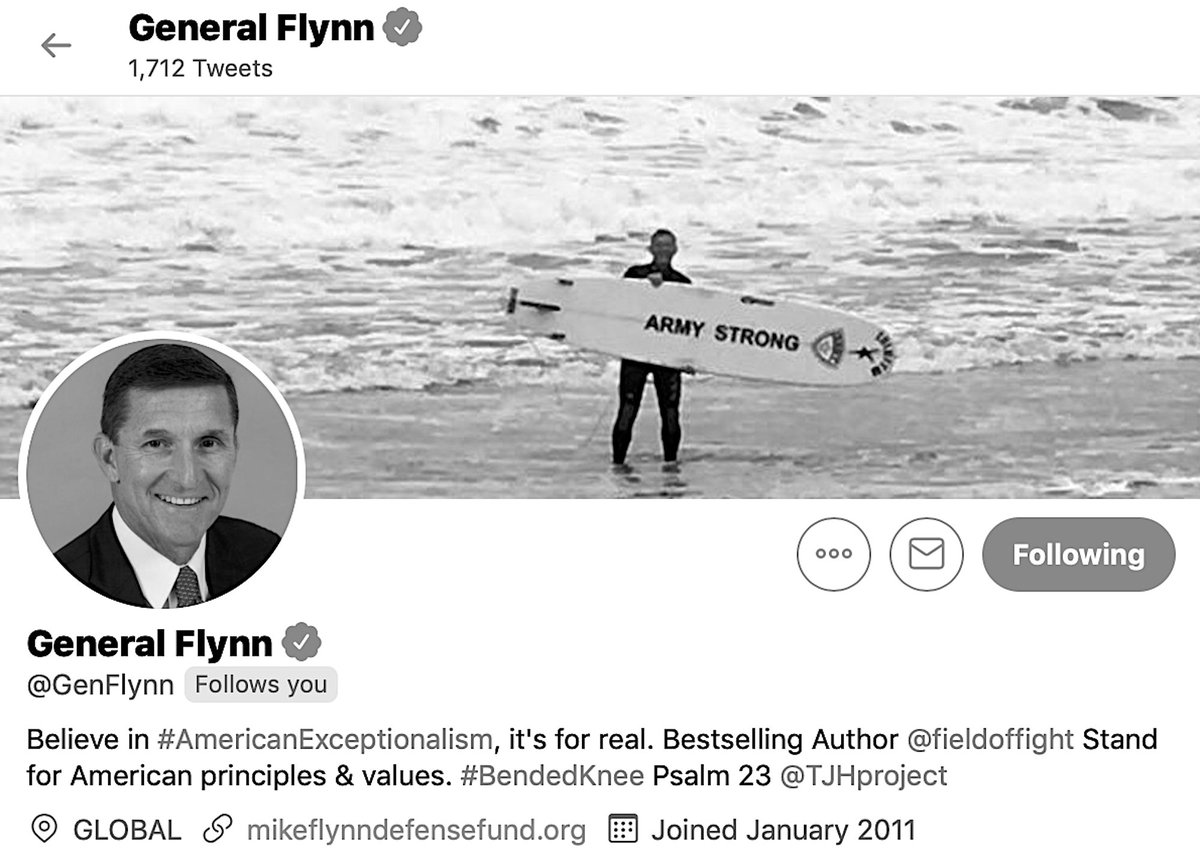 Noticed Some Days Ago That Lt. Gen. Flynn Was Following This Account. That Is Quite Humbling. Most Of You Know I'm Not A Follow-Back Kinda Gal. However, In This Case I Felt The Desire To Make An Exception.Thank You, Sir. We Will Not Disappoint. @GenFlynn
