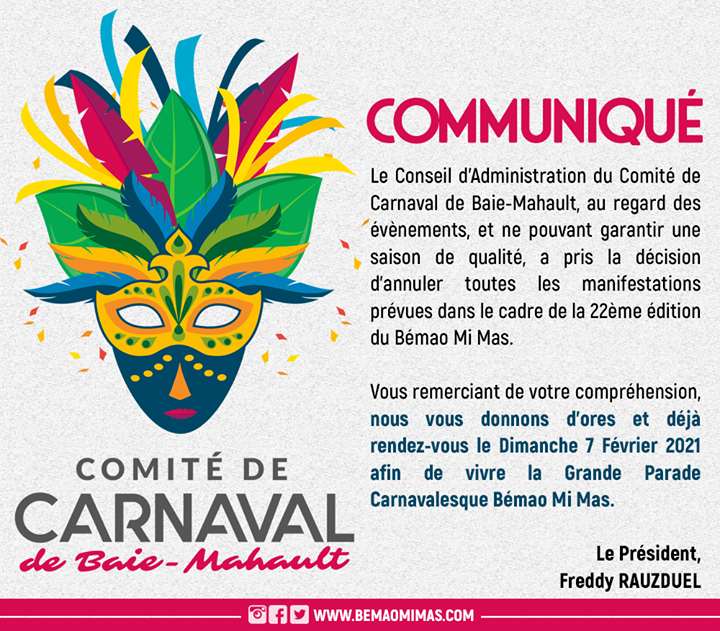 bemaomimas's tweet photo. Le Conseil d’Administration du Comité de Carnaval de Baie-Mahault, au regard des évènements, et ne pouvant garantir une saison de qualité, a pris la décision d’annuler toutes les manifestations prévues dans le cadre de la 22ème édition du Bémao Mi Mas. https://t.co/4KnR2BJ58w https://t.co/8WV1zwBh8f